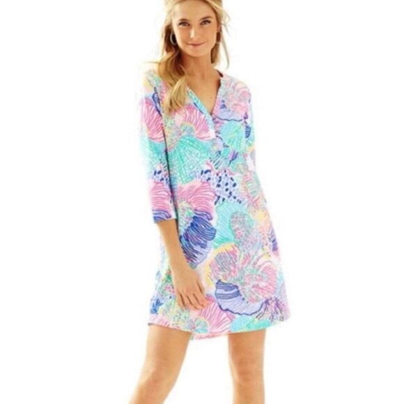 Lilly Pulitzer Ali Dress Pink Roar of the Seas Pima Cotton V-Neck Women’s Small - Picture 2 of 9